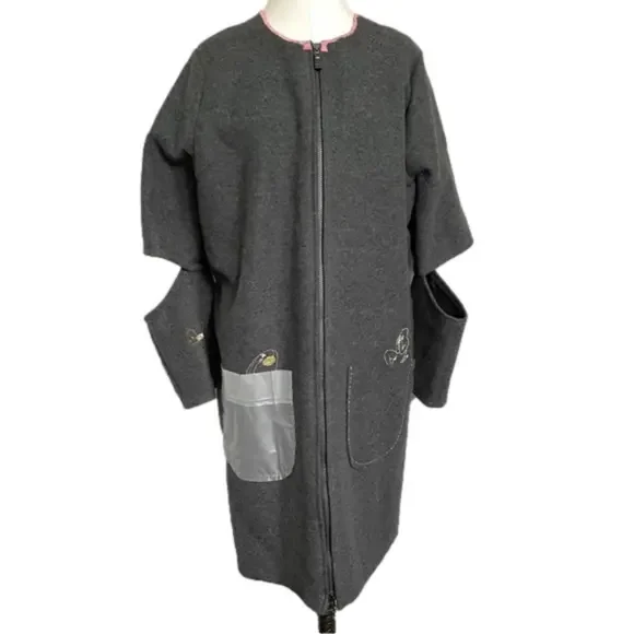 Handmade Gray Wool Elbow Cut-Out Embroidered Mid-Length Coat - 6/8, M, OOAK! - Picture 2 of 14